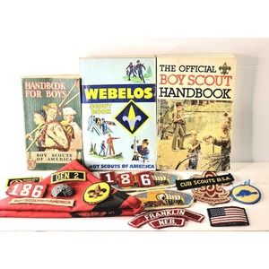 BOY SCOUTS of AMERICA Memorabilia Mix Lot Patches, Books, Handkerchief & Brooch